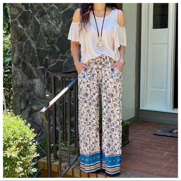 BOHO PRINT WIDE  LEG TIE FRONT PANTS - Picture 11 of 12